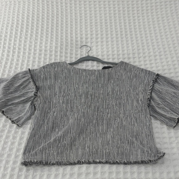 Moon River Black and White Striped Blouse with Fringed Sleeves - Picture 1 of 4